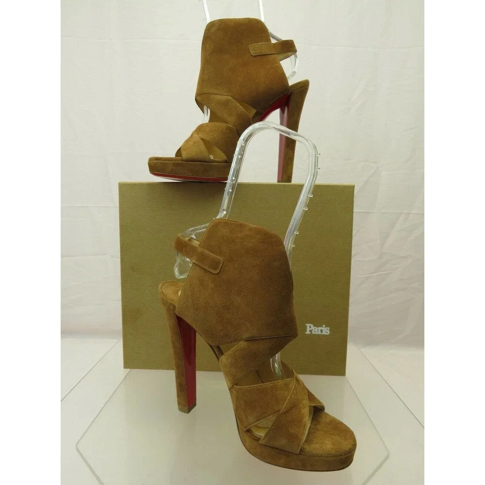 NIB LOUBOUTIN APRON LILI 120 BROWN SUEDE CRISSCROSS PLATFORM PUMPS 40.5 ITALY - Picture 10 of 12
